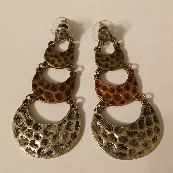 Hammered Ring Disc Bronze Gold Silver Tone Metal Triple Hoop Dangle Earrings - Picture 1 of 8